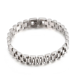 Silver stainless steel watch-style link bracelet with brushed matte finish and clasp
