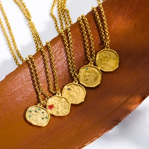 Gold Greek goddess medallion necklaces with embossed portraits and colorful zircons