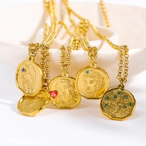 Vintage gold Greek mythology coin necklaces with Medusa and Venus relief charms
