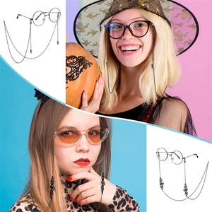 Gothic style glasses chain featuring black lightning bolt and bat pendants for Halloween