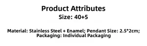 Detailed spec sheet showing 40+5cm stainless steel enamel necklace with 2.5x2cm pendant