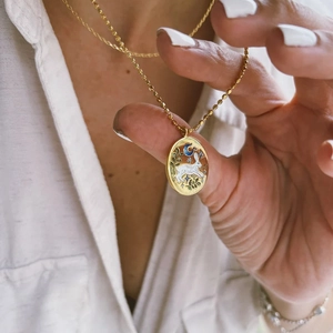 18K gold plated stainless steel tarot necklace featuring hand-painted rabbit and moon pendant