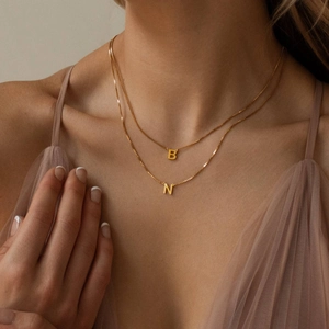 Double-layered gold titanium steel box chain necklace with letter B and N pendants