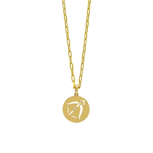 Gold paperclip chain necklace with a hollow Sagittarius zodiac coin pendant and crystal