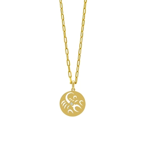 Gold hollow Scorpio zodiac pendant necklace with a round coin and zircon stone