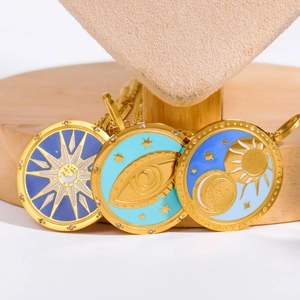 Vintage Tarot Stainless Steel Necklace 18K Gold Plated Enamel Round Pendant Celestial Sun Moon Star Evil Eye For Women