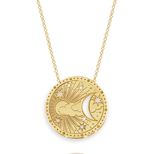 Vintage 18K vergulde titanium tarot hanger ketting met zon maan en witte zirkoon stenen
