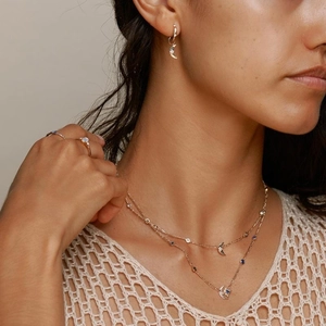 Parure bijoux vintage plaqué or 18K avec étoile lune saphir et cristaux brillants