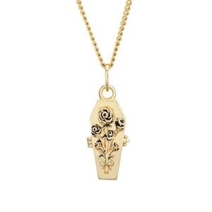 Gothic 18K gold plated coffin necklace featuring detailed rose relief and black accents