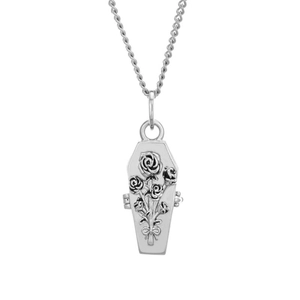 Gothic 18K gold plated silver coffin locket necklace with rose floral engraving