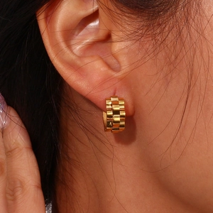 Detailed close-up of golden watchband style titanium hoop earrings worn by a model
