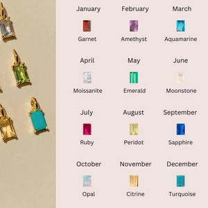 Detail view of 12 birthstone rectangle pendants with 18K gold plated titanium necklaces