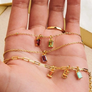 18K gold plated titanium necklaces with colorful rectangular zircon birthstone pendants