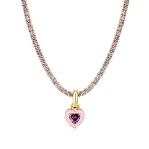 Goldene Tennis-Halskette mit rosa Zirkon und Herzanhänger mit rosa Emaille-Rand