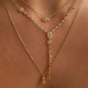 Three-layer gold zircon pendant necklace featuring marquise and water drop stones