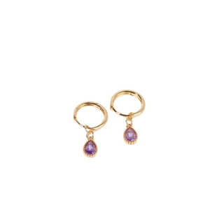 Élégantes créoles dorées avec pendentifs en pierre violette en forme de poire au design goutte d'eau
