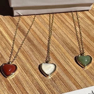 18K gold plated heart necklaces featuring red agate, white shell, and green jade stones