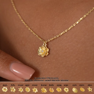 Collier plaqué or 18 carats avec 12 pendentifs fleurs de naissance et pierres de naissance