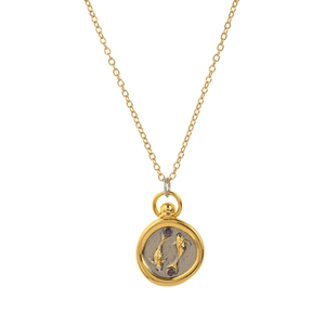 Detail of 18K gold plated Pisces pendant necklace with two-tone silver relief and purple stones