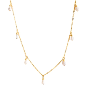 Elegant gold choker necklace with seven teardrop pearls spaced evenly on white background