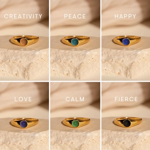 Minimalist 18K gold plated rings with colorful natural stones on stone bases