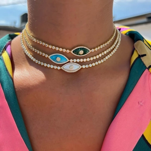 Three-layer gold evil eye necklace set with malachite and turquoise pendants for women