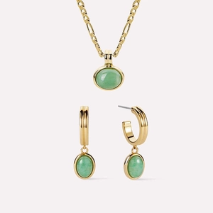 Green aventurine stone necklace and earring set with 14K gold plated Figaro chain