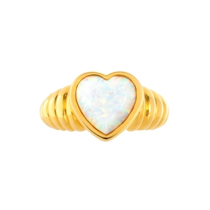 Y2K vintage gold croissant ring featuring a heart-shaped iridescent opal stone