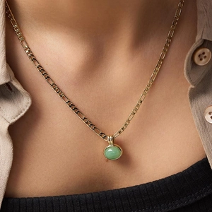 14K gold plated Figaro chain necklace with round green aventurine gemstone pendant