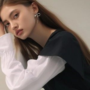 Eleganti orecchini a fiocco in argento indossati da una modella per un look chic e di classe