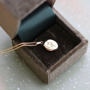 Collar de relicario ovalado dorado con mariposa en joyero de terciopelo