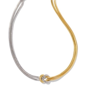 Tweekleurige goud-zilveren slangenketting met een knoopontwerp en glanzende afwerking