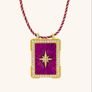 Retro tarot rectangle necklace featuring purple sunburst background and golden star charm