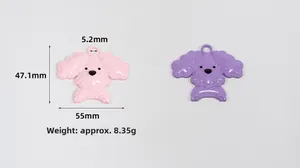 Detailed dimensions of pink and purple enamel poodle metal pendants with size markers