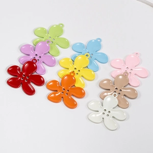 Colorful five-petal flower charms with button center and hanging rings for DIY crafts