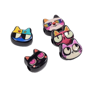 DIY black acrylic cat head beads with colorful cartoon faces and through-holes