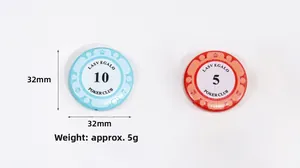 Macro detail of 32mm acrylic poker chips weighing 5g with face values 5 and 10