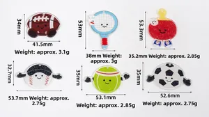 Detailed view of acrylic sports charms with size labels and cute cartoon faces
