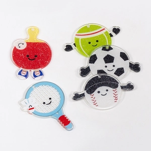 Cartoon Sports Glitter Acrylic Charms Smiley Face Soccer Tennis Baseball Badminton Ping-Pong American Football Pendants For Keychain Decoration