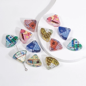 Handmade triangle acrylic printed beads with vintage floral patterns for DIY jewelry craft