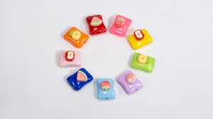 Colorful acrylic square fruit beads with apple and strawberry relief designs for DIY crafts