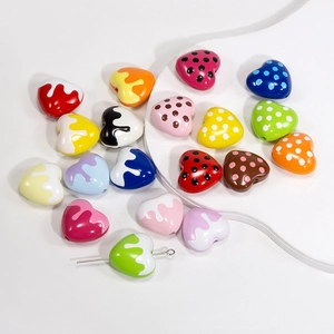 Colorful heart acrylic beads with glazed drip and polka dot patterns for DIY jewelry making