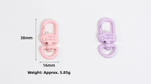 Mousquetons laqués roses et violets de 38mm avec gravure et dimensions détaillées