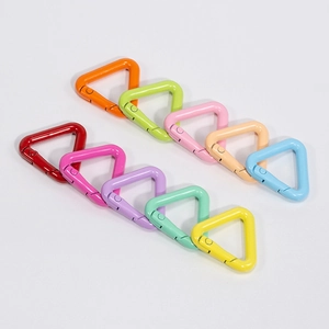Set of ten colorful triangle-shaped metal spring hooks for DIY keychains and crafts