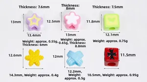 Macro view of colorful acrylic beads in flower and star shapes with size measurements