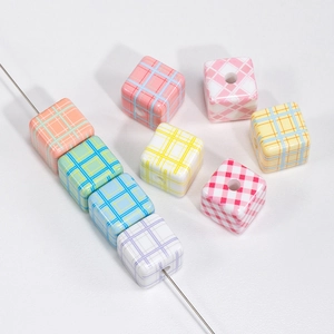 Plaid acrylic cube beads with pre-drilled holes for DIY jewelry and phone chain making
