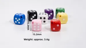 Vista detallada de dados acrílicos de 14mm con dimensiones de 15,2mm y un peso de 3,6g