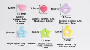 Close-up of colorful heart and star charms with detailed size and weight dimensions