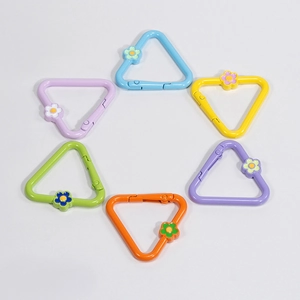 Colorful triangle spring ring carabiners with flower charms in various bright colors