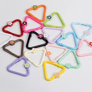 Colorful triangle metal spring clips with flower charms for DIY keychains in various hues